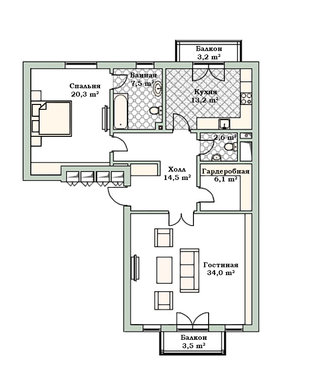 План квартиры 2 в доме 800 в поселке Довиль